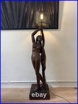 170 Cm Rare lampe sculpture Art Déco bois massif signée R. Petron 1m70 vintage