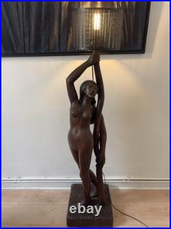 170 Cm Rare lampe sculpture Art Déco bois massif signée R. Petron 1m70 vintage