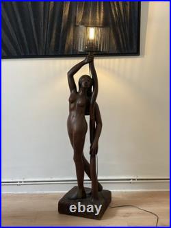 170 Cm Rare lampe sculpture Art Déco bois massif signée R. Petron 1m70 vintage