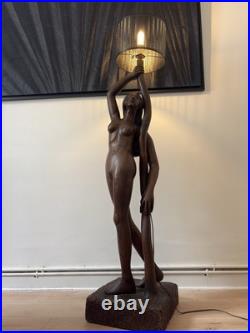 170 Cm Rare lampe sculpture Art Déco bois massif signée R. Petron 1m70 vintage