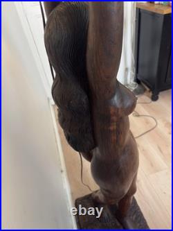 170 Cm Rare lampe sculpture Art Déco bois massif signée R. Petron 1m70 vintage