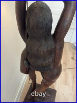 170 Cm Rare lampe sculpture Art Déco bois massif signée R. Petron 1m70 vintage
