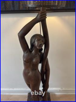 170 Cm Rare lampe sculpture Art Déco bois massif signée R. Petron 1m70 vintage