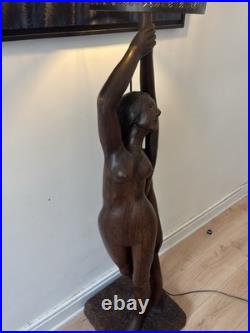 170 Cm Rare lampe sculpture Art Déco bois massif signée R. Petron 1m70 vintage