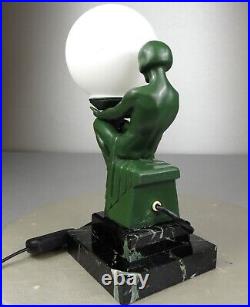 1920/1930 Max Le Verrier Lampe Statue Sculpture Art Deco Femme Nue Delassement