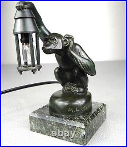 1920/1930 Max Le Verrier Lampe Veilleuse Statue Sculpture Art Deco Boubou Singe