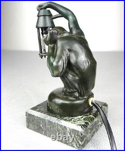 1920/1930 Max Le Verrier Lampe Veilleuse Statue Sculpture Art Deco Boubou Singe