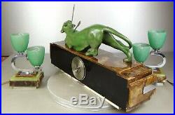 1920/1930 P. Hugonnet Pendule Garniture 2 Lampes Statue Art Deco Bronze Panthere