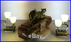 1920/1930 P. Hugonnet Pendule Garniture 2 Lampes Statue Art Deco Bronze Panthere