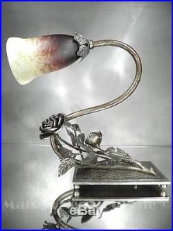 1920-30 Ch. Schneider Petite Lampe Rosiers Fer Forgé Et Pte De Verre Art Déco