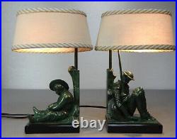 1920/30 Janle Max Le Verrier Paire De Lampes Art Deco Don Quichotte Sancho Panza