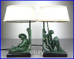 1920/30 Janle Max Le Verrier Paire De Lampes Art Deco Don Quichotte Sancho Panza