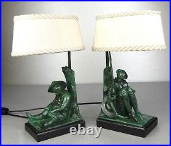 1920/30 Janle Max Le Verrier Paire De Lampes Art Deco Don Quichotte Sancho Panza