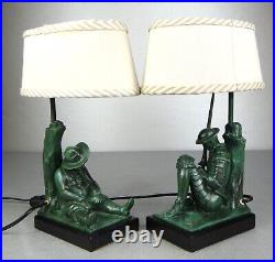 1920/30 Janle Max Le Verrier Paire De Lampes Art Deco Don Quichotte Sancho Panza