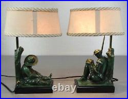 1920/30 Janle Max Le Verrier Paire De Lampes Art Deco Don Quichotte Sancho Panza