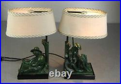 1920/30 Janle Max Le Verrier Paire De Lampes Art Deco Don Quichotte Sancho Panza