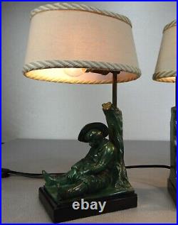 1920/30 Janle Max Le Verrier Paire De Lampes Art Deco Don Quichotte Sancho Panza