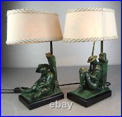 1920/30 Janle Max Le Verrier Paire De Lampes Art Deco Don Quichotte Sancho Panza