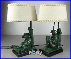 1920/30 Janle Max Le Verrier Paire De Lampes Art Deco Don Quichotte Sancho Panza