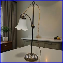 1920s French Art Deco Adjustable Brass Table Lamp with Frosted Glass Shade
