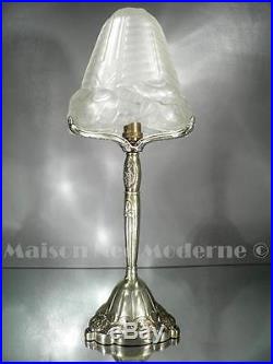 1925 France Lampe En Bronze Et Verre Pressé-moulé Art Déco