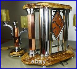 1930 Adnet Excpt Garniture Pendule Lampes Moderniste Art Deco Bronze Chrome Dore