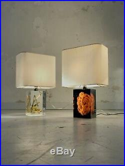 1970 Giraudon 2 Lampes Inclusion Sculpture Shabby-chic Lucite Plexiglas Pop