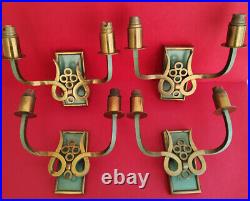 4 appliques lampe art deco 1935 Bonze doré et patine verte dlg Leleu Poillerat