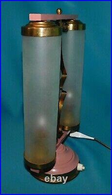 ANCIENNE LAMPE ART DECO AVEC TUBES DE VERRE. ROSE MAUVE. 31 cm. TRES BEL ETAT