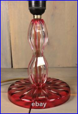 Ancien Lampe de Table VAL SAINT LAMBERT Art Déco en Cristal Taillé Rouge Doublé