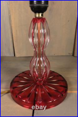 Ancien Lampe de Table Val Saint Lambert Art Déco en Cristal Taillé Rouge Doublé