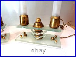 Ancien Paire de Lampe Chandelier de Table Moderniste DLG ADNET Art Déco Verre