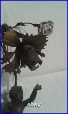 Ancien Pied Support De Lampe Art Deco Decor Angelot Regule Et Rose Porcelaine