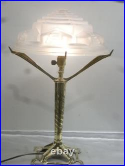 Ancienne Grande Lampe Bureau Bronze Dôme Verre Tres Epais Art Déco Nouveau
