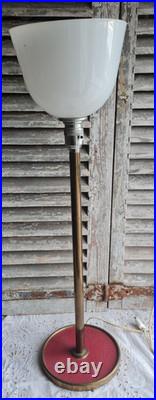 Ancienne Grande Lampe Mazda Opaline Blanche Pied Fer Art Deco