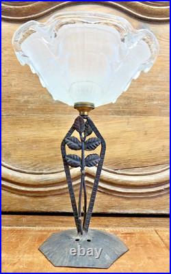 Ancienne Lampe Art Deco 1930 Fer Forge Feuilles Vasque Coquillages Signee Ezan