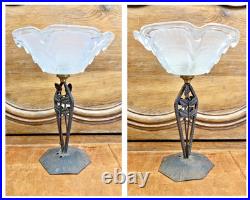 Ancienne Lampe Art Deco 1930 Fer Forge Feuilles Vasque Coquillages Signee Ezan