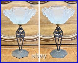 Ancienne Lampe Art Deco 1930 Fer Forge Feuilles Vasque Coquillages Signee Ezan