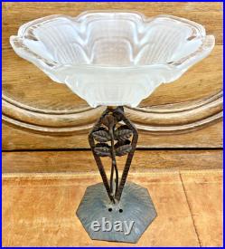 Ancienne Lampe Art Deco 1930 Fer Forge Feuilles Vasque Coquillages Signee Ezan