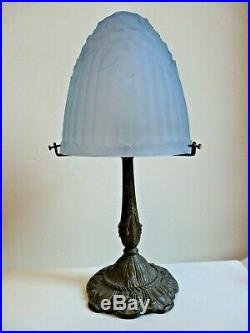 Ancienne Lampe Champignon Art Deco Pied Bronze Dome Verre Presse Moule Bleu
