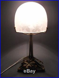 Ancienne Lampe Champignon luminaire à poser ART DECO pâte de verre et fer forgé