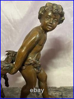 Ancienne Lampe Chérubin avec 2 chèvres Art Déco Régule sur base en marbre