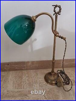 Ancienne Lampe De Bureau En Bronze Et Opaline