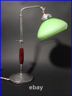 Ancienne Lampe De Table Bureau Art Déco Ministère Abat-Jour En Verre Vert Opalin