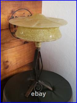 Ancienne Lampe Fer Forgé Verre Opaque Jaune Art Déco 1930