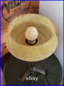 Ancienne Lampe Fer Forgé Verre Opaque Jaune Art Déco 1930