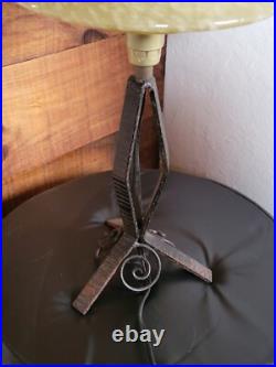 Ancienne Lampe Fer Forgé Verre Opaque Jaune Art Déco 1930