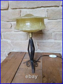 Ancienne Lampe Fer Forgé Verre Opaque Jaune Art Déco 1930