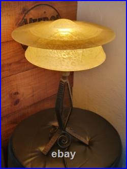 Ancienne Lampe Fer Forgé Verre Opaque Jaune Art Déco 1930