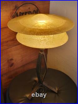 Ancienne Lampe Fer Forgé Verre Opaque Jaune Art Déco 1930